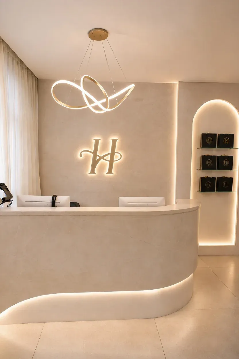 Recepção da Harmonelle Clínica, com balcão curvo iluminado e o H da marca na parede